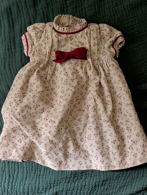 Vintage Curdoroy Cream Floral Velvet Smocked Baby Girl Dress Church Christmas